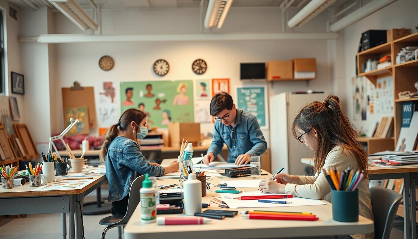Students studying together in modern classroom